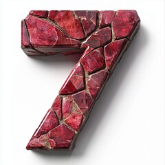 Number 7 shaped from red stone texture glossy font, isolated white