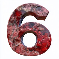 Number 6 shaped from red stone texture glossy font, isolated white