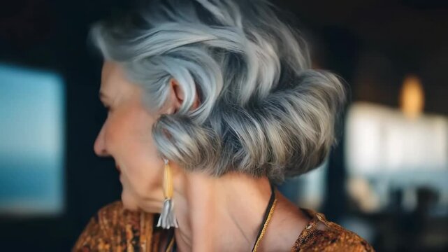 Cheerful senior woman with silver hair and warm smile posed elegantly at a cozy cafe, showcasing beauty, confidence, and grace in natural lighting