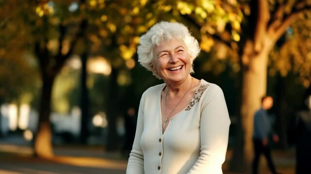 Joyful elderly woman smiling warmly in nature with soft sunlight illuminating her white hair and creating a serene, cheerful atmosphere in the background