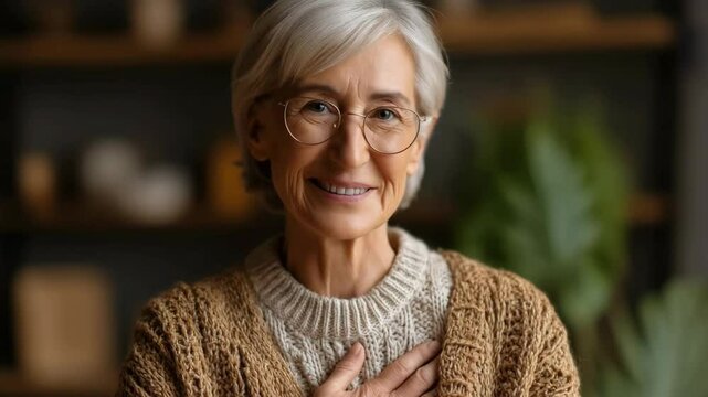 Joyful Elderly Woman with Silver Hair and Stylish Glasses Smiling at Camera in Cozy Indoor Setting Surrounded by Plants and Warm Decor