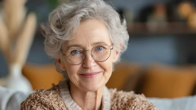 Elderly Woman with Glasses Sitting in Cozy Living Room Chair Smiling Happily at Camera with Warm Interior and Natural Light