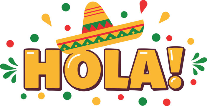 hola vector typography with sombrero hat and festive elements in clean retro style