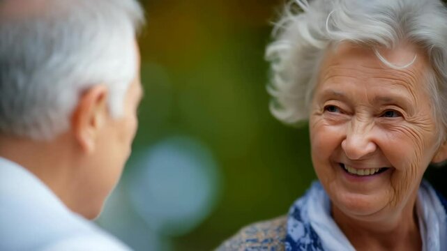 Joyful elderly woman with curly gray hair smiling warmly at someone outdoors in a serene natural setting surrounded by soft bokeh lighting