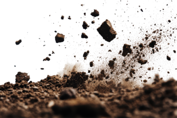Dirt particles explode into the air from the ground, showcasing the dynamic nature of soil and its interaction with environmental forces in a clear, stunning visual