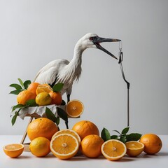 A crane beside citrus fruit slices, white background