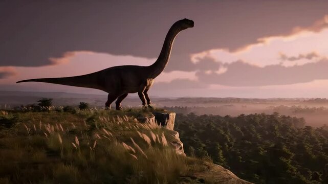 A majestic dinosaur stands on the edge of a cliff, overlooking a lush prehistoric landscape at sunset, evoking a sense of wonder
