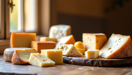 Delight in cheese variety showcase featuring assortment of textures and flavors, perfect for culinary enthusiasts