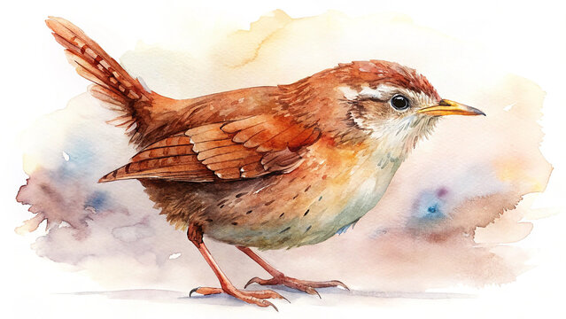 wren tiny songbird watercolor artwork on white background