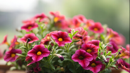 Fototapeta premium Vibrant red Calibrachoa blooms in focus, soft green backdrop. Nature's delicate beauty in a single frame.
