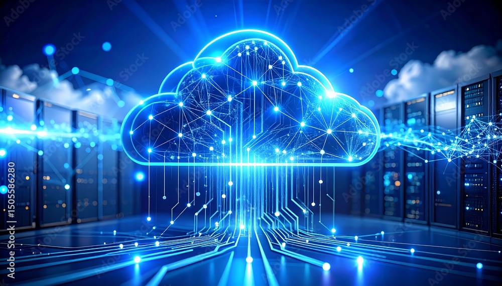 Poster data flow visualization rivers of information converging on cloud server