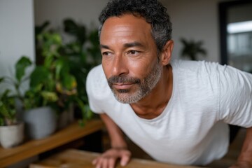 A distinguished older man leans on a wooden surface, deep in thought, surrounded by greenery, beautifully highlighting the minimalist and serene indoor space.