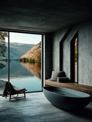 Obraz premium Modern dark bathroom interior with panoramic window view of lake and mountains