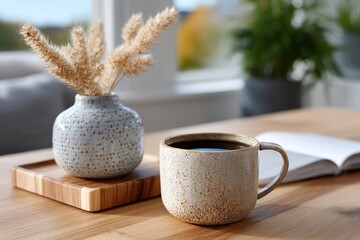 A beautifully arranged table showcasing a cup of coffee, decorative vase, and natural elements, perfect for enjoying a moment of calm and creativity.