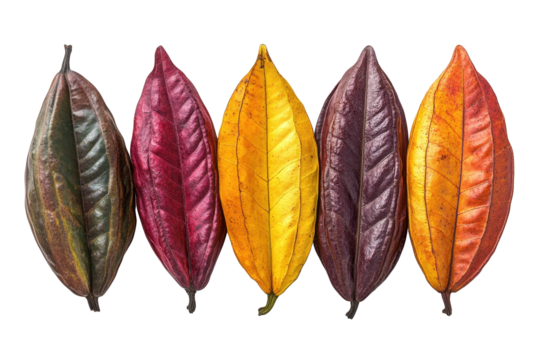 Colorful assortment of autumn leaves arranged in a fan shape on a transparent background showcasing the beauty of fall foliage from various trees