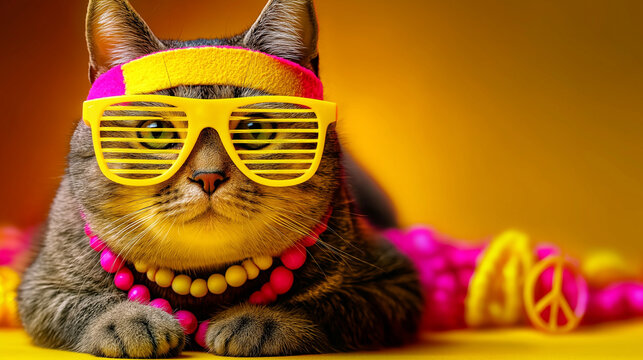funny cute cat wearing a colorful sunglasses and bandana 80's style