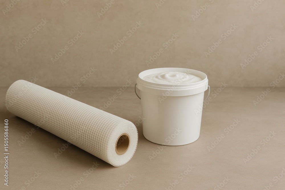 Poster Roll of Textured Material Next to White Bucket of Adhesive on Neutral Background in a Workshop Setting