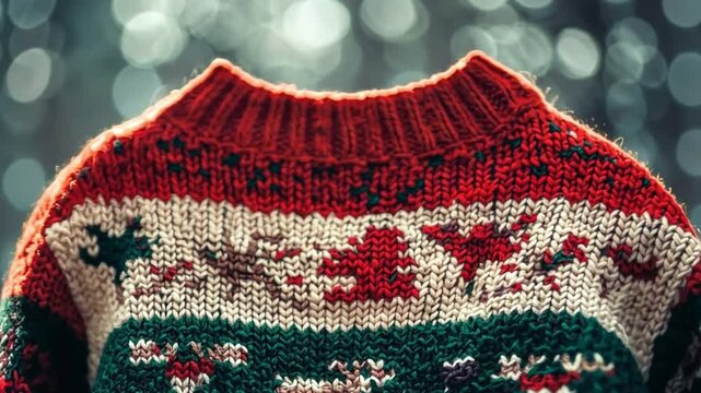 This video showcases a beautifully knitted Christmas sweater, featuring cheerful patterns. Ideal for showcasing holiday styles and winter warmth. Embrace the festive spirit. Generative AI