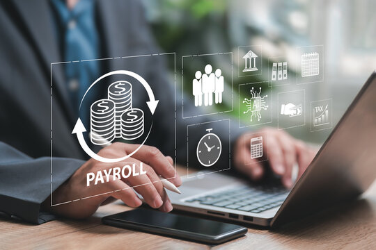Automatic salary payment, Payroll business finance management system concept, Businessman uses technology and AI Application for payment salary, Financial, Accounting system, Person holding payroll