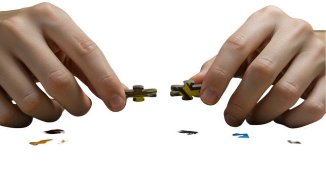 Photo of Hands Connecting Puzzle Pieces on Transparent Background