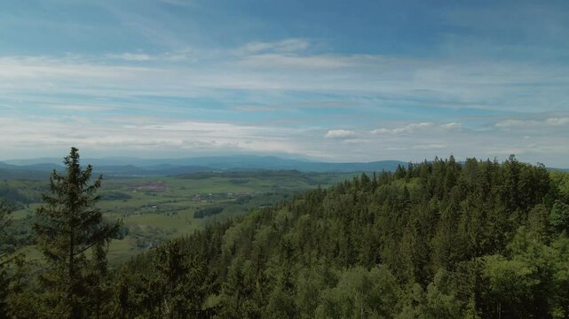 Aerial view of dense green coniferous forest trees on slopes near Chełmiec mountain with open sky and hills in Bogusz&oacute;w-Gorce in Lower Silesia region