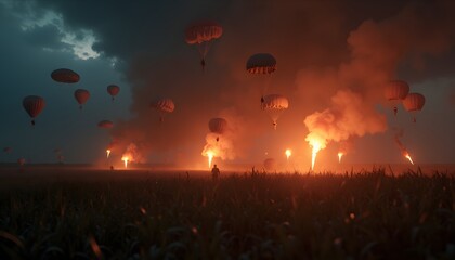 Paratroopers descending in fiery battlefield