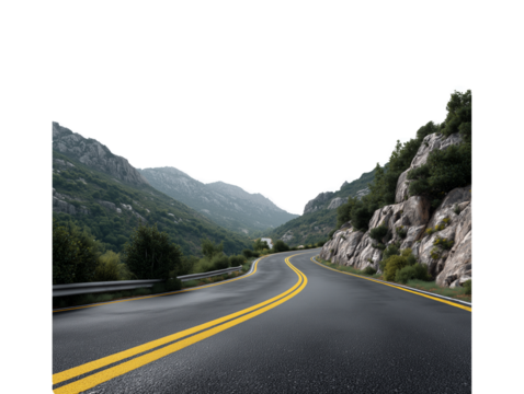 Winding Road through Mountainscape: A long, asphalt road snakes through a dramatic mountain range, flanked by rugged cliffs and lush greenery.