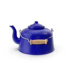 Blue Enamel Kettle with Wooden Handle Isolated on Transparent Background