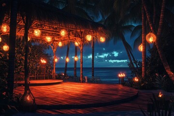 Nighttime scene with lanterns and reflections