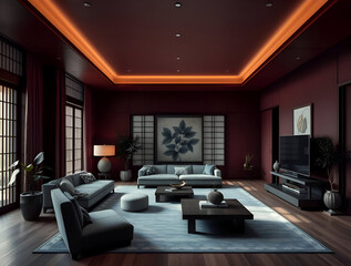 3d interior of a Japandi style living room, a design with simplicity, natural elements, and minimalism