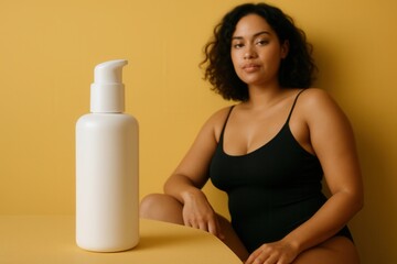 Woman presenting cosmetic product in pump bottle on yellow background