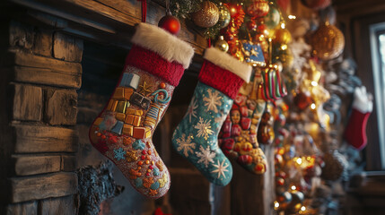 Christmas stockings with festive decorations, hanging on a fireplace mantle, surrounded by holiday lights and ornaments.