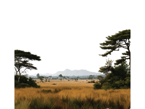 Savanna Vista: A tranquil savanna landscape unfolds before the viewer's eyes, showcasing the natural beauty of grasslands, distant mountains, and the soft hues of an open sky.