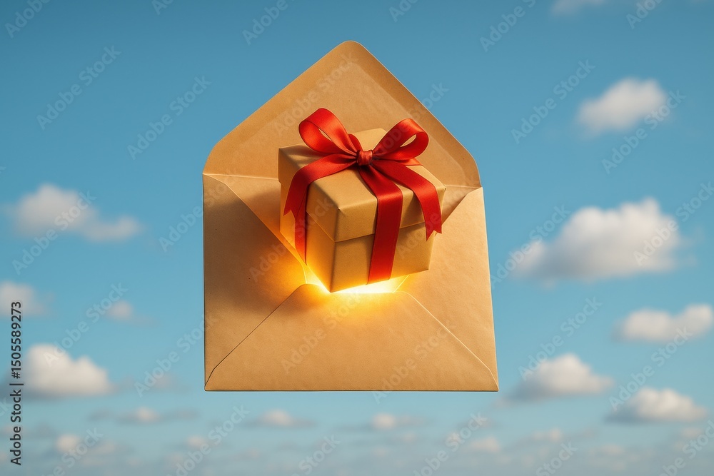 Poster gift box emerging from an envelope against a blue sky with clouds in the background