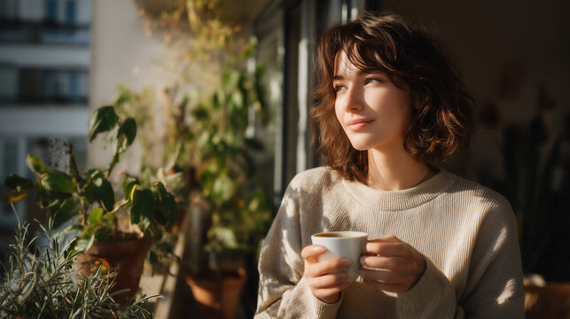 ベランダで朝日を浴びる女性の横顔