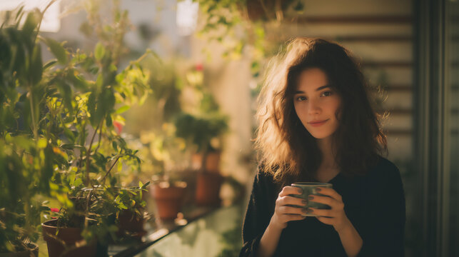 ベランダの植物に囲まれ緑がある暮らしを楽しむ女性