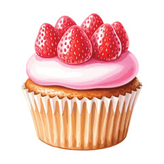 Cupcake with strawberry frosting and strawberry slices Isolated on Transparent Background – Watercolour Illustration
