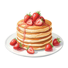 Plate of pancakes with strawberries and syrup Isolated on Transparent Background – Watercolour Illustration