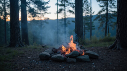Serene campfire surrounded by stones in tranquil forest setting, with tall trees and soft evening glow