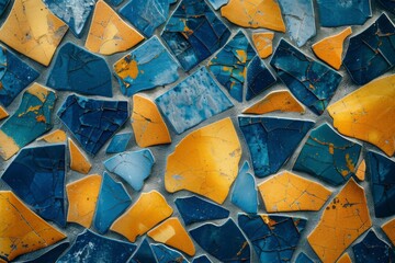 Abstract mosaic pattern with dynamic yellow and blue tiles. Captivating arrangement creates a visually intriguing surface design.