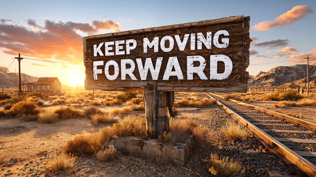Wooden signpost stands with the phrase "Keep moving forward"