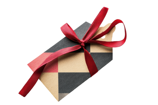 Decorative gift tag with geometric patterns and a red ribbon for festive occasions and special events