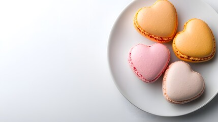 Obraz premium Delicious Heart Shaped Macarons in Soft Pastel Colors on a White Plate