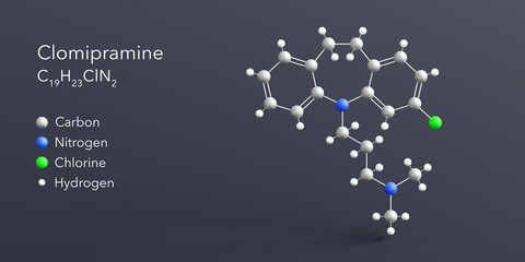 clomipramine molecule 3d rendering, flat molecular structure with chemical formula and atoms color coding