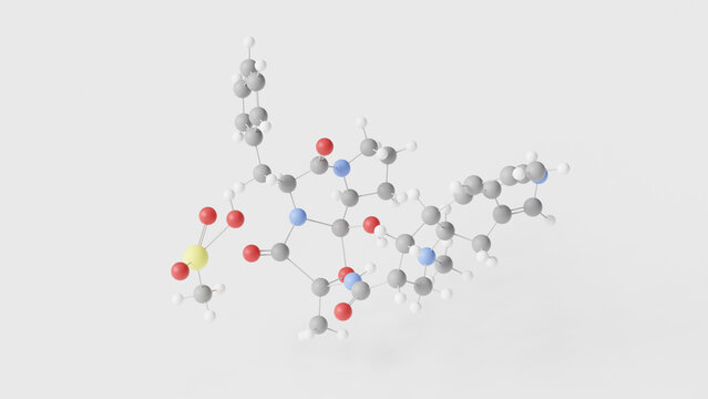 dihydroergotamine mesylate molecule 3d, molecular structure, ball and stick model, structural chemical formula vasoconstrictor agent