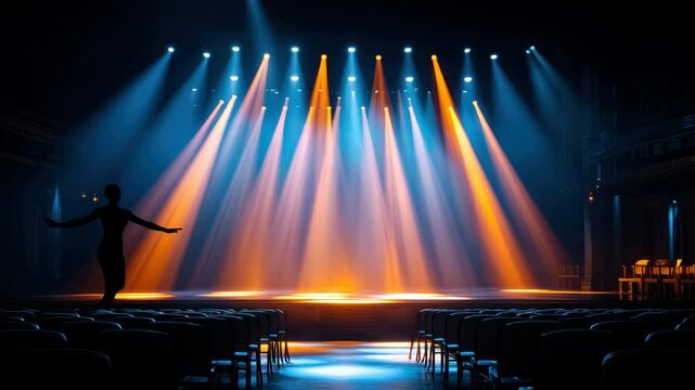 Silhouette dancer dramatic stage vibrant blue and orange spotlights empty theater, graceful and artistic performance with expressive, creative lighting, evoking anticipation and excitement
