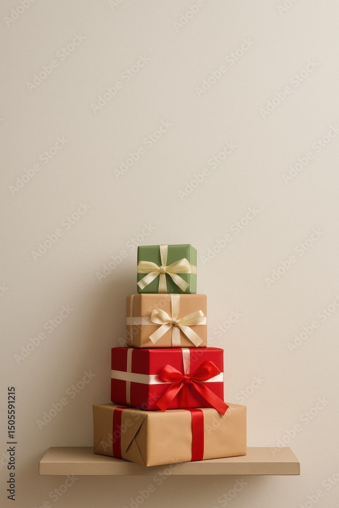 Poster stacked gift boxes with colorful ribbons arranged neatly on a light wooden shelf against a plain wal
