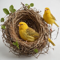 A yellow canary in a fruit nest, white background