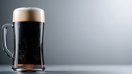 Cold Dark Beer with Frothy Head in a Clear Glass Mug on a Minimalist Gray Background