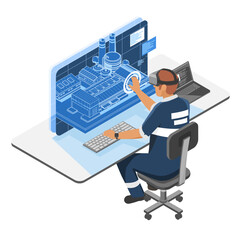 Fototapeta na wymiar Industrial engineer using augmented reality and digital twin interface to operate and monitor smart factory equipment in a modern control room setting